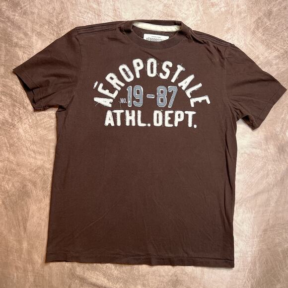 Aeropostale Athl. Dept. Brown Embroidered Stitched Short Sleeve T-Shirt Surfer - Picture 6 of 6